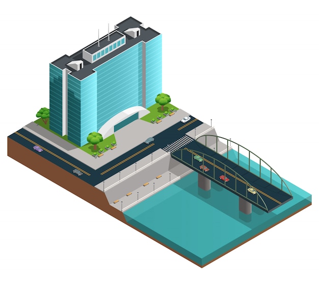 Isometric city composition with many-storeyed modern building on bank of canal 
