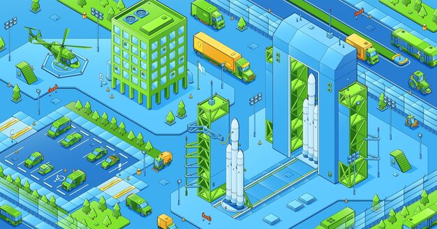 Isometric city infrastructure spaceport helipad