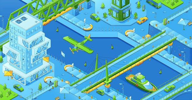 Isometric city infrastructure transport bridges