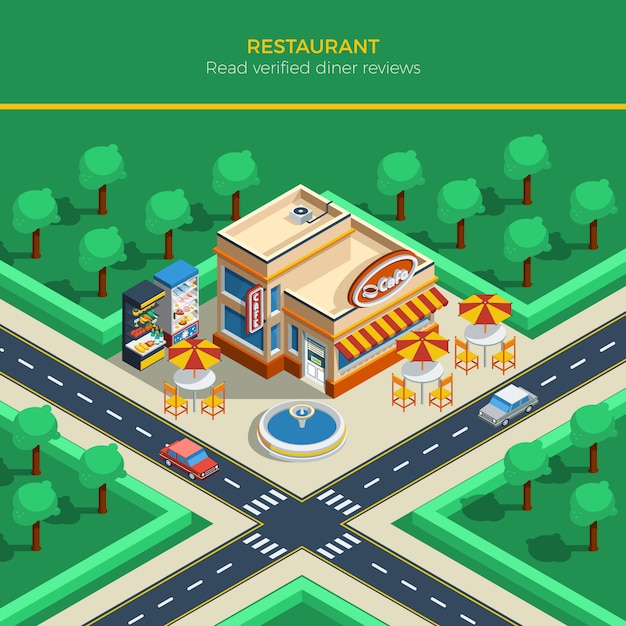 Free vector isometric city landscape with restaurant building