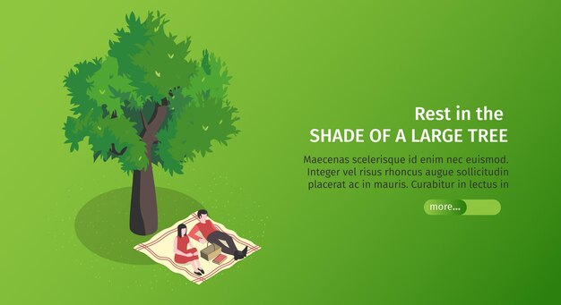 Isometric city park horizontal banner with editable text slider button and couple laying under the tree