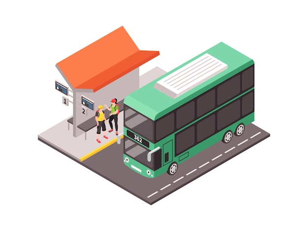 Изометрическая иллюстрация городского общественного транспорта с двумя людьми и двухэтажным автобусом 3d модель