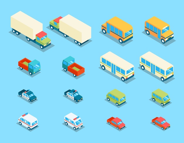 Isometric city transport 3d vector icons set. Transportation car, auto and automobile, van and police illustration