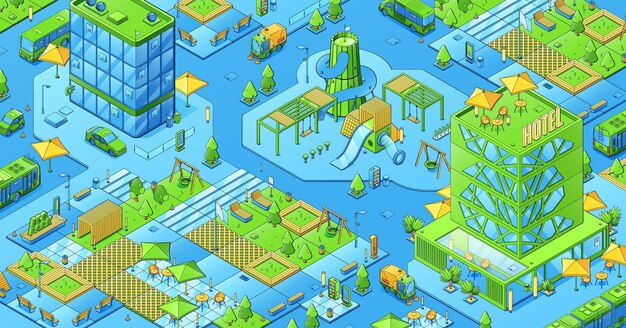 Isometric city with eco park playground hotel