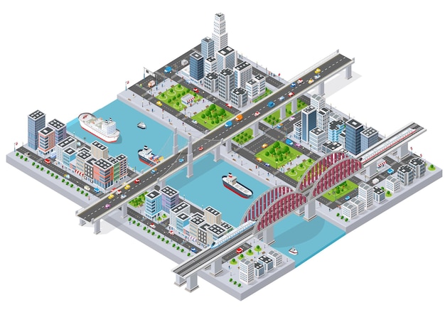 Isometric city with river embankment with people walking bridges, transport streets and ships Premium Vector