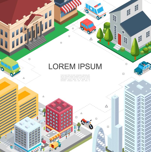 Isometric cityscape colorful template with modern buildings bank skyscraper estate people on street police ambulance cars motorcycle bus  illustration