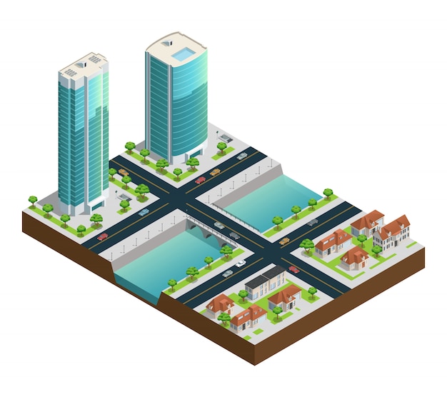 Isometric cityscape composition with modern skyscrapers suburban houses near canal