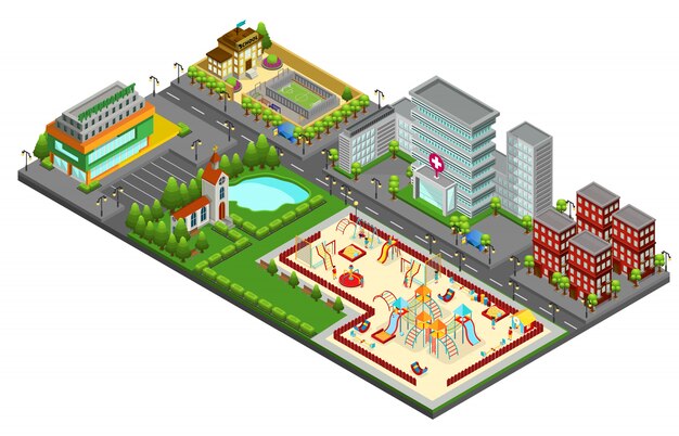 Изометрическая концепция городского пейзажа с детской площадкой у озера, больница, церковная школа, супермаркет, жилые здания, изолированные