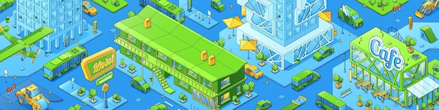 Isometric cityscape with cafe and motel