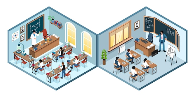 無料ベクター 等尺性クラスの内部分離概念 2 つのクラスが机に座って、教師の話を聞きます