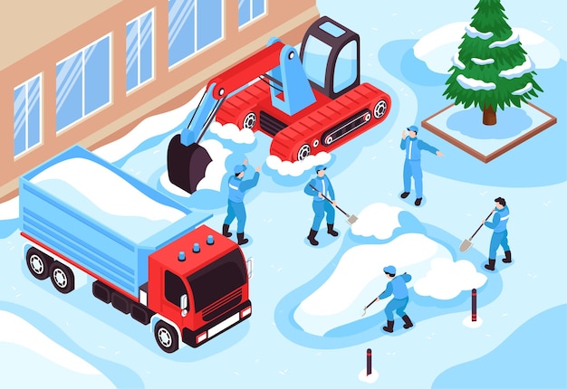 Free vector isometric cleaning road illustration with snow clearing equipment vehicles and workers