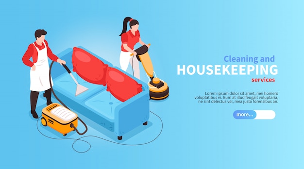 Isometric cleaning service horizontal banner with faceless human characters and couch with vacuum cleaner and text