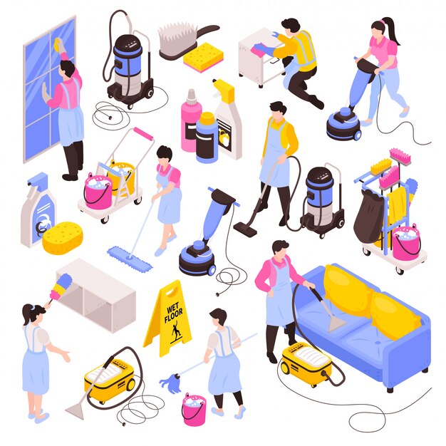 Isometric cleaning service set of isolated images cleanser products detergents vacuum cleaners and people in uniform