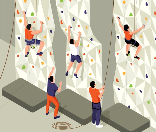 Бесплатное векторное изображение Изометрическая композиция для скалолазания с видом на тренировочную стену с веревками и персонажами инструкторов и обучаемого