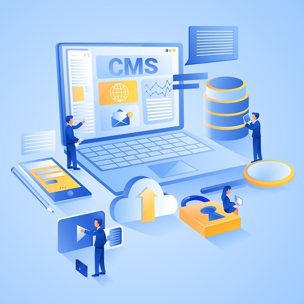 Изометрическая концепция cms с ноутбуком