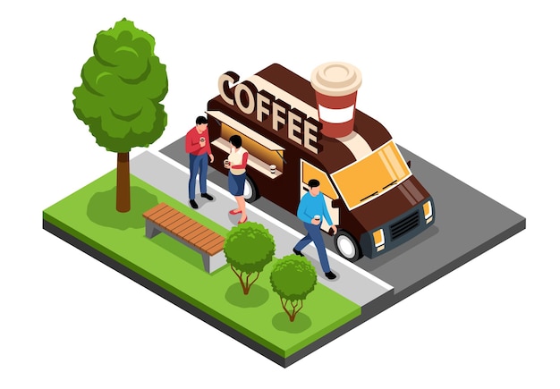 Isometric coffee food truck concept truck is parked in the park and customers walk by  vector illustration