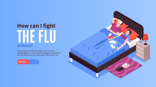 Isometric cold flu virus sick horizontal banner landing page