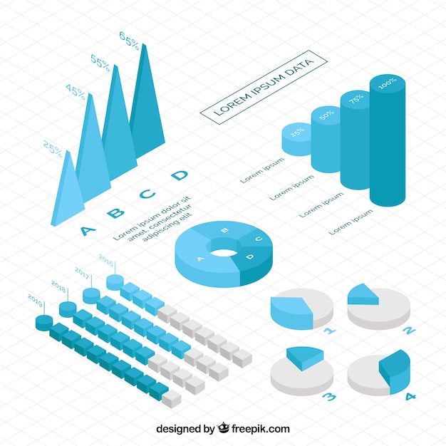 무료 벡터 블루 톤의 infographic 차트의 아이소 메트릭 컬렉션