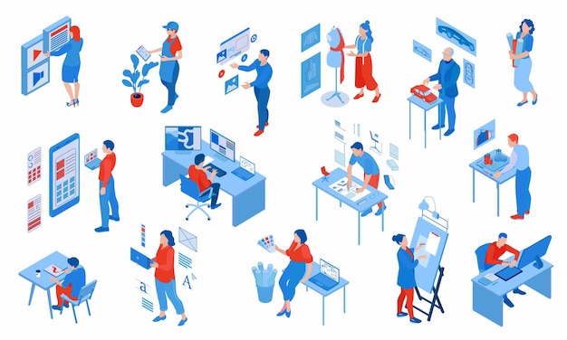 Isometric color set of people working as designers in various spheres isolated vector illustration