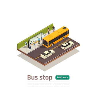 L'insegna colorata isometrica nella composizione nella città con la gente del titolo della fermata dell'autobus si siede sull'illustrazione di vettore del banco