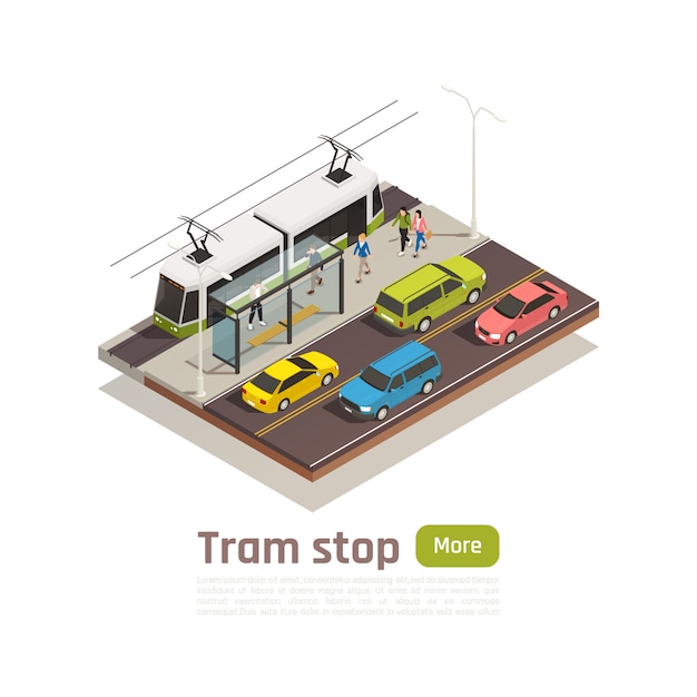 Free vector isometric and colored city composition banner with tram station and big green button vector illustration