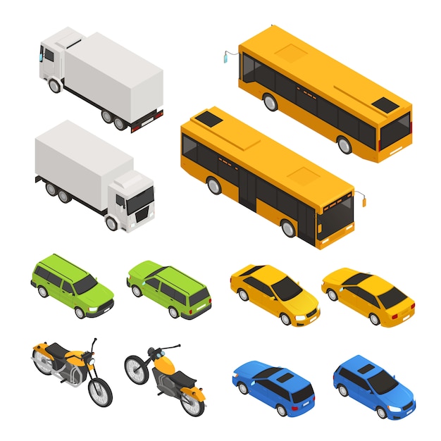無料ベクター 2つの側面のベクトル図に異なるトラックバス車で設定された等尺性色都市交通アイコン