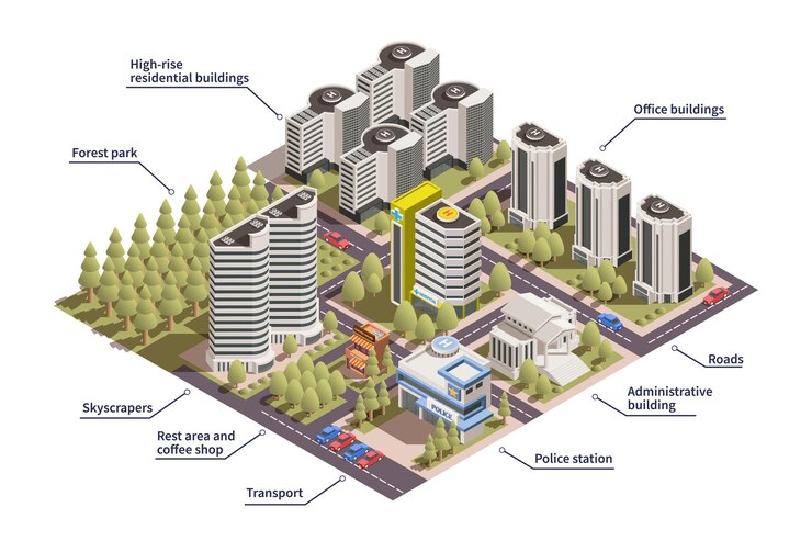 Free Vector isometric colored modern city infographics with labelled buildings police station roads forest park 3d illustration