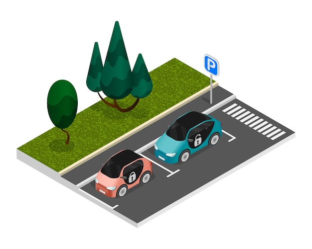 Composizione isometrica di parcheggio colorata con due auto correttamente parcheggiate in piedi sul ciglio della strada in un parcheggio