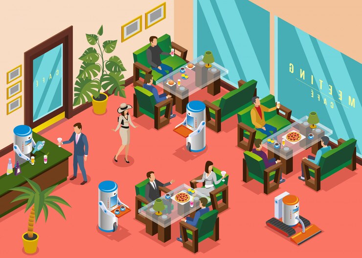 Free Vector isometric colored robotic restaurant composition