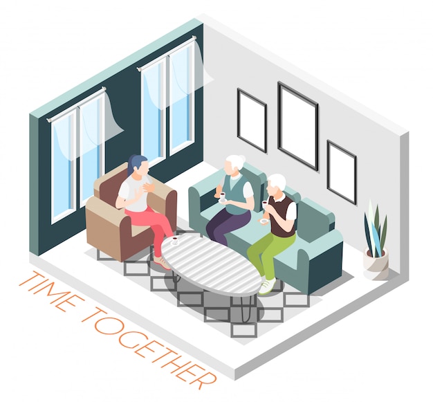 Isometric colored time together composition with girl visits parents at their home  illustration