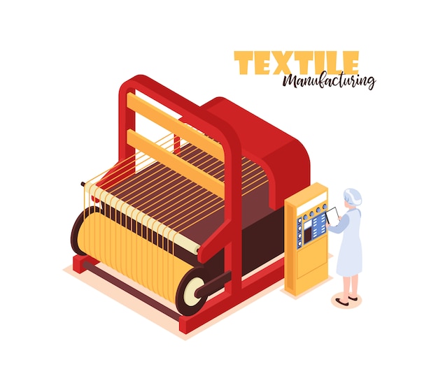 Isometric colorful concept with textile factory worker standing near big weaver loom 3d 