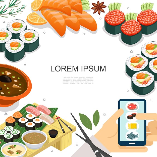 초밥 사시미와 아이소 메트릭 다채로운 일본 음식 개념 롤 수프 젓가락 및 모바일 음식 주문 그림