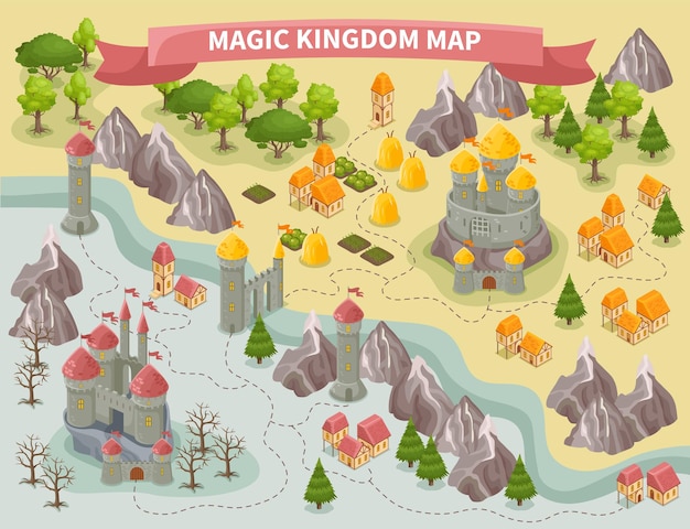 Free vector isometric colorful map of magic kingdom with castles