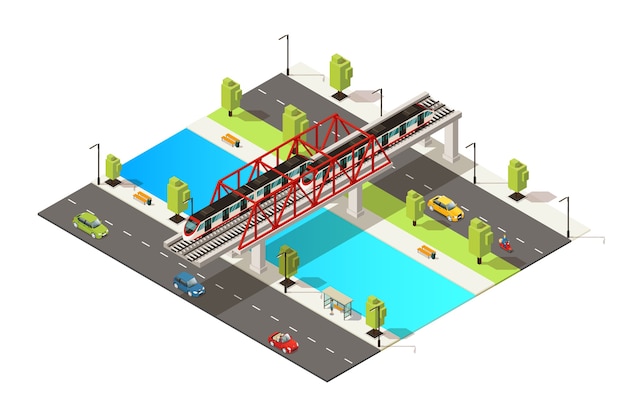 Concetto di trasporto ferroviario colorato isometrico con auto scooter e treno passeggeri in movimento attraverso il fiume sul ponte isolato