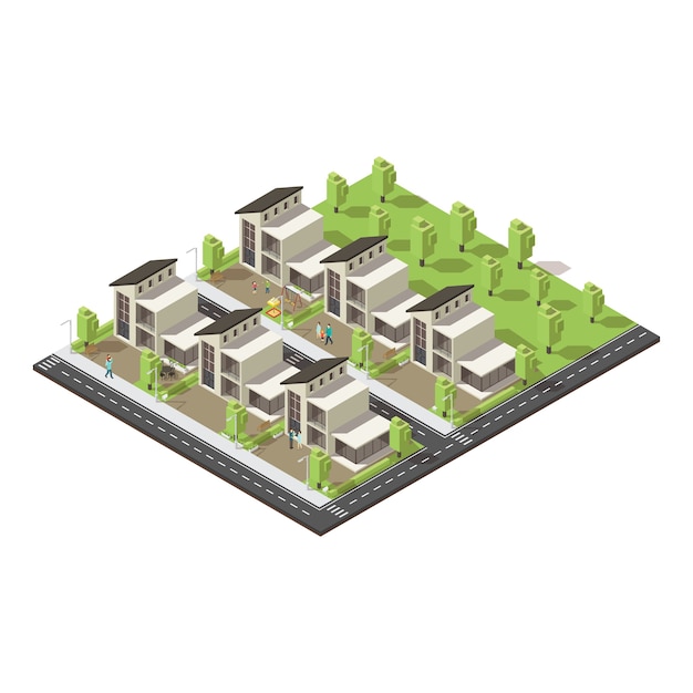 Isometric complex suburban buildings concept