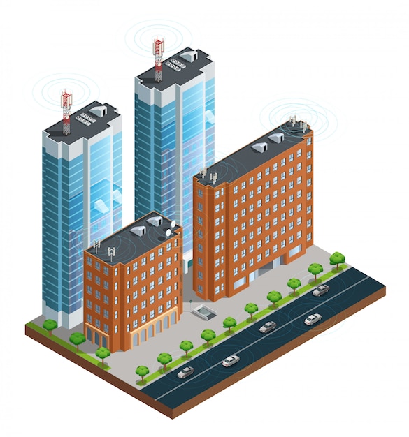 Isometric composition of town street with devices in houses tower 