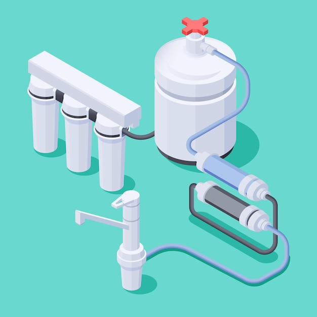 Изометрическая композиция системы фильтрации воды и крана на цветной 3d иллюстрации