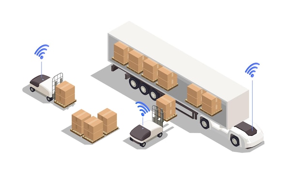 Isometric composition with automated forklifts loading cardboard boxes into truck  3d  illustration