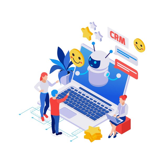 Isometric composition with chatbot on laptop people happy smiles