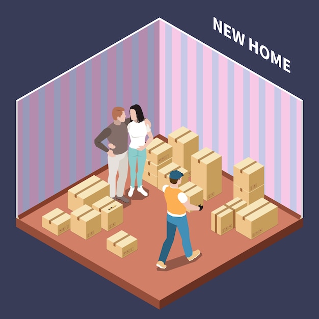 Free vector isometric composition with couple moving to new house with cardboard boxes 3d vector illustration