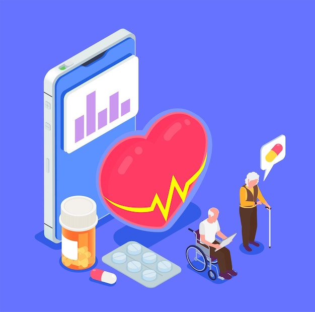 高齢者と等角投影図と健康監視イラストのモバイルアプリ
