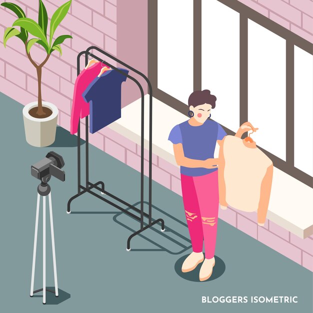 isometric composition with female fashion blogger holding sweater and shooting video with camera 3d