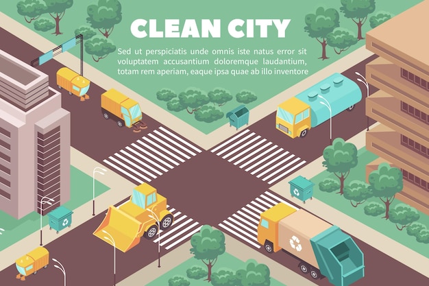 Free vector isometric composition with garbage trucks and trash containers in streets of clean city 3d vector illustration