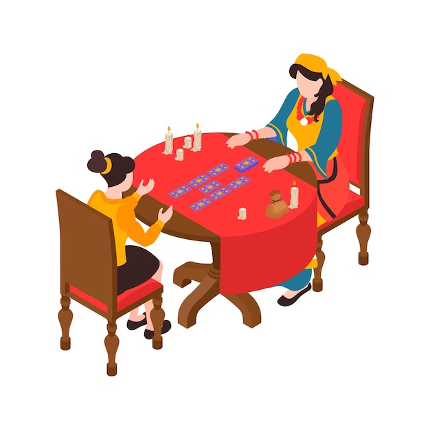 Isometric composition with gypsy telling fortune by tarot cards 3d