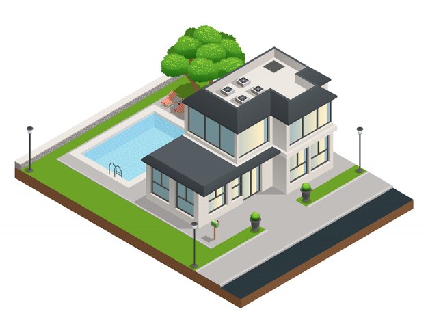 Isometric composition with modern suburban two storeyd private house and clean yard 