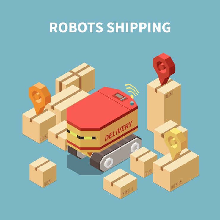 Free Vector isometric composition with robot delivering goods in cardboard boxes