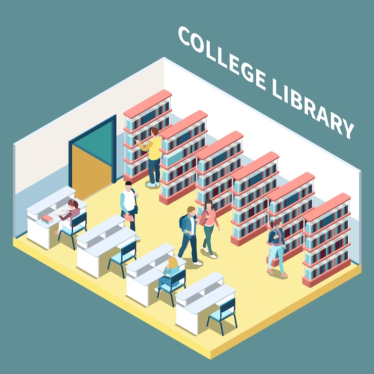 Free Vector isometric composition with students studying in college library 3d vector illustration
