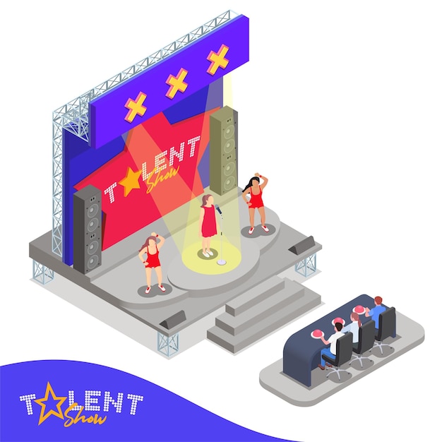 Free vector isometric composition with three women performing at talent show