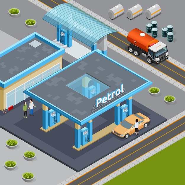 Free vector isometric composition with truck for oil transportation near petrol station 3d