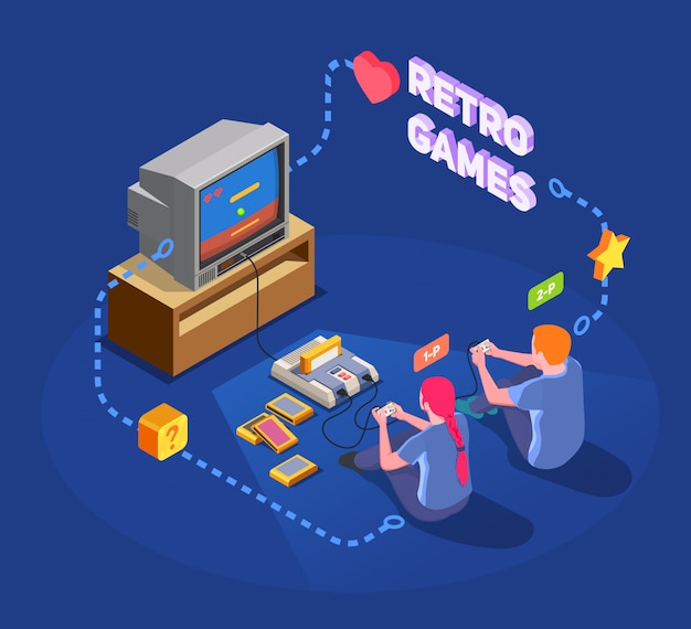 Free vector isometric composition with two people playing with retro gadgets on blue  3d